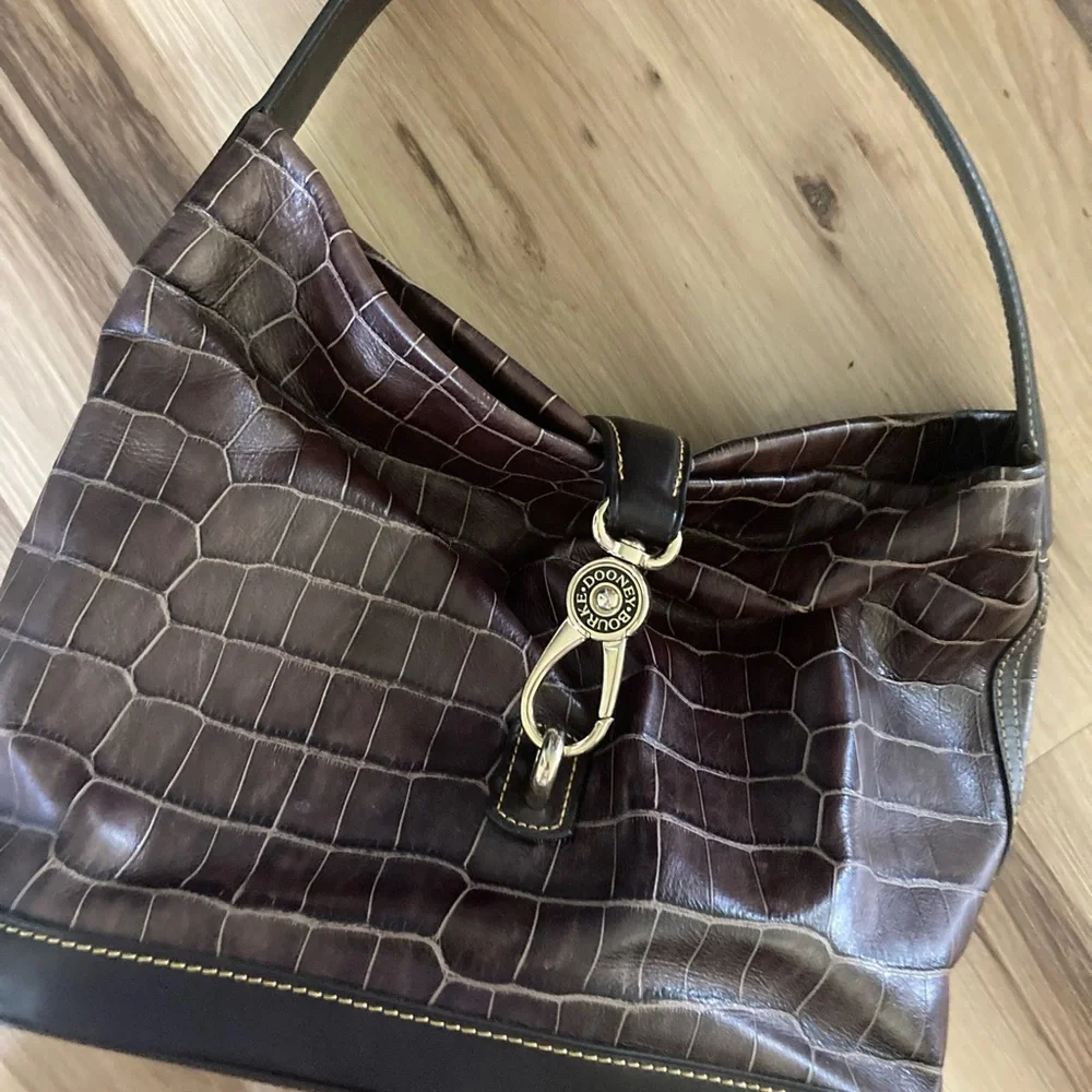 Dooney & Bourke Brown Croco Embossed Leather Logo Lock Hobo Bag Retail $339